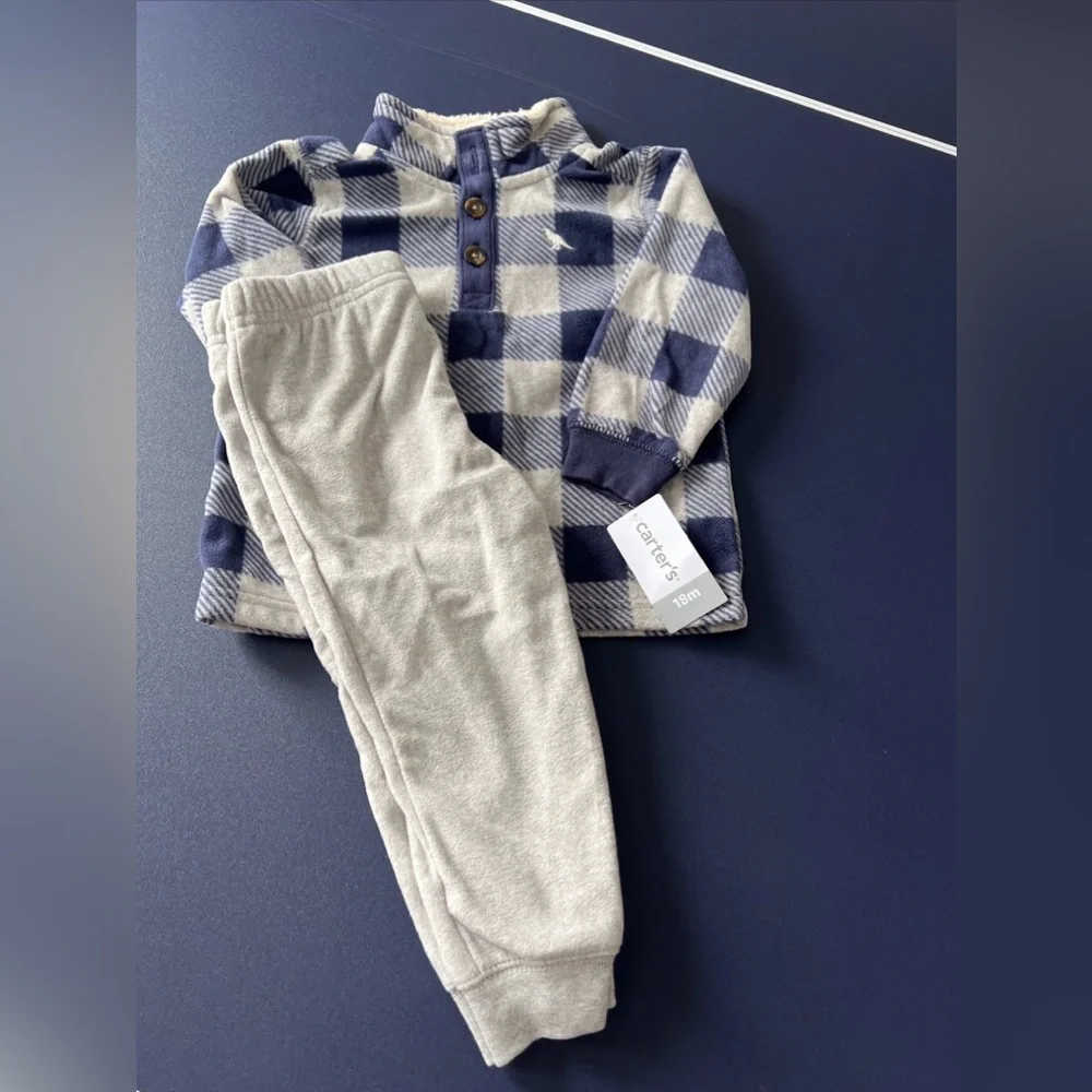 Carter's Baby Boys' 2-Piece Heather Plaid Fleece Pullover Top‎ & Pants Set 18M - Picture 2 of 9